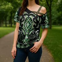Green Ngaru Taniko With Aotearoa Maori Tattoo Cross Shoulder Shirt - Polynesian Pride