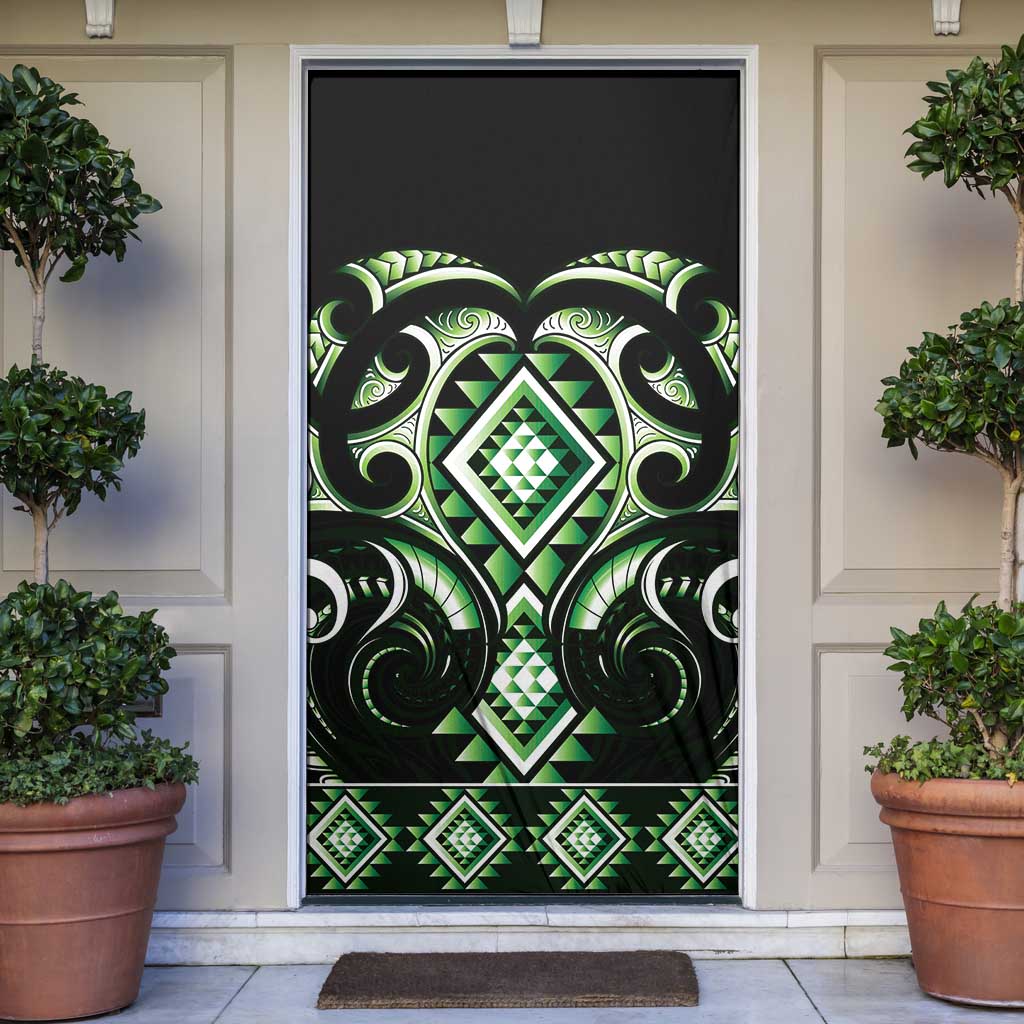 Green Ngaru Taniko With Aotearoa Maori Tattoo Door Cover - Polynesian Pride