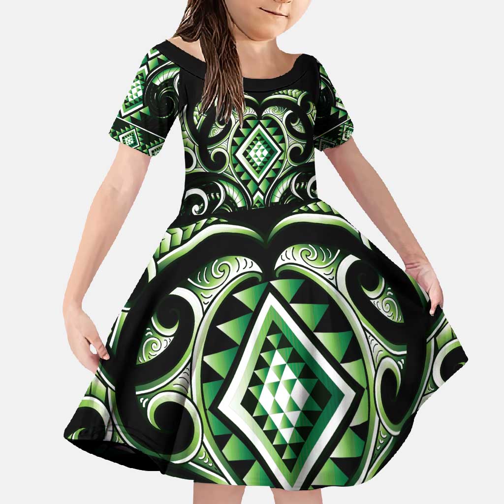 Green Ngaru Taniko With Aotearoa Maori Tattoo Family Matching Long Sleeve Bodycon Dress and Hawaiian Shirt LT14 Daughter's Dress Green - Polynesian Pride