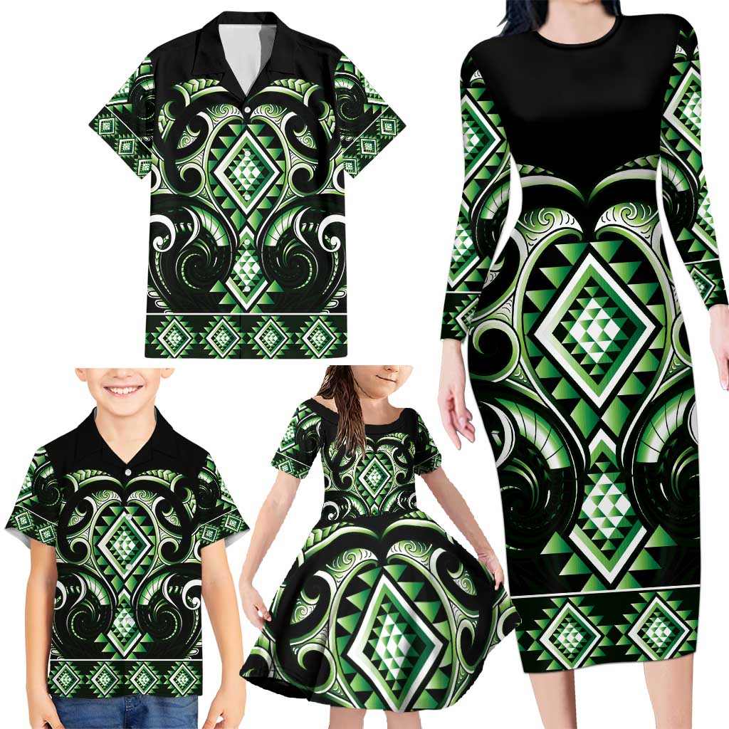 Green Ngaru Taniko With Aotearoa Maori Tattoo Family Matching Long Sleeve Bodycon Dress and Hawaiian Shirt LT14 - Polynesian Pride
