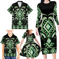 Green Ngaru Taniko With Aotearoa Maori Tattoo Family Matching Long Sleeve Bodycon Dress and Hawaiian Shirt LT14 - Polynesian Pride