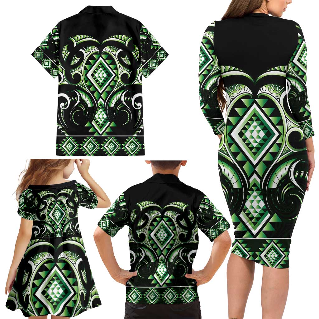 Green Ngaru Taniko With Aotearoa Maori Tattoo Family Matching Long Sleeve Bodycon Dress and Hawaiian Shirt LT14 - Polynesian Pride