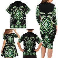 Green Ngaru Taniko With Aotearoa Maori Tattoo Family Matching Long Sleeve Bodycon Dress and Hawaiian Shirt LT14 - Polynesian Pride