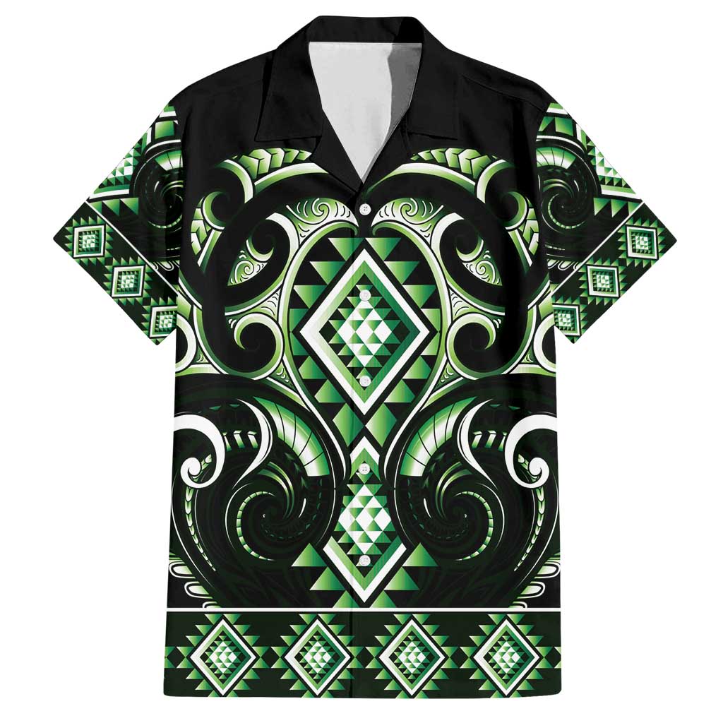 Green Ngaru Taniko With Aotearoa Maori Tattoo Family Matching Long Sleeve Bodycon Dress and Hawaiian Shirt LT14 Dad's Shirt - Short Sleeve Green - Polynesian Pride