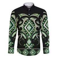 Green Ngaru Taniko With Aotearoa Maori Tattoo Family Matching Long Sleeve Bodycon Dress and Hawaiian Shirt LT14 Dad's Shirt - Long Sleeve Green - Polynesian Pride