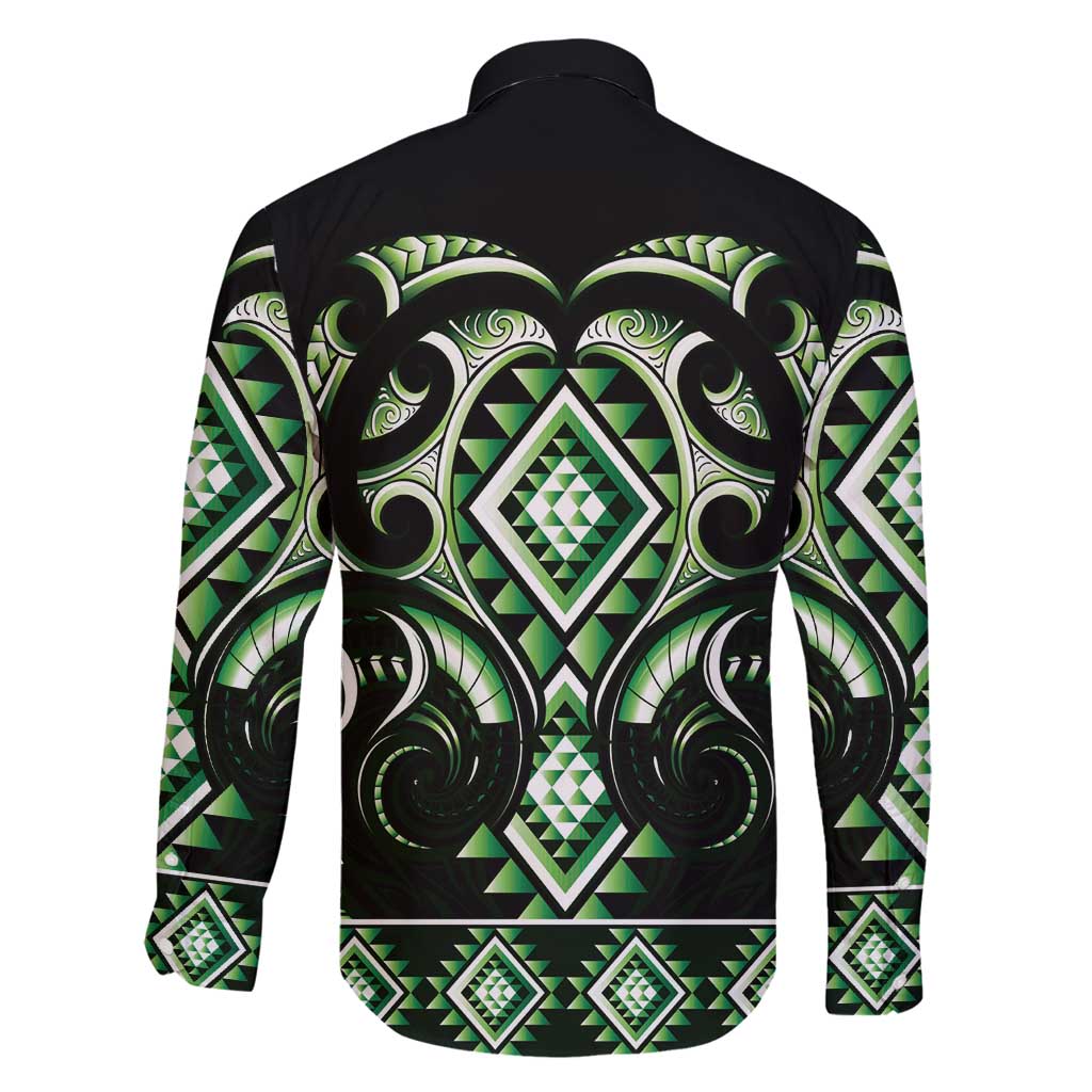 Green Ngaru Taniko With Aotearoa Maori Tattoo Family Matching Long Sleeve Bodycon Dress and Hawaiian Shirt LT14 - Polynesian Pride