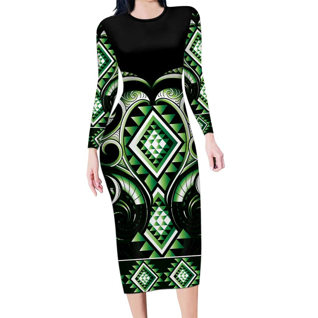 Green Ngaru Taniko With Aotearoa Maori Tattoo Family Matching Long Sleeve Bodycon Dress and Hawaiian Shirt LT14 Mom's Dress Green - Polynesian Pride