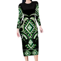Green Ngaru Taniko With Aotearoa Maori Tattoo Family Matching Long Sleeve Bodycon Dress and Hawaiian Shirt LT14 Mom's Dress Green - Polynesian Pride