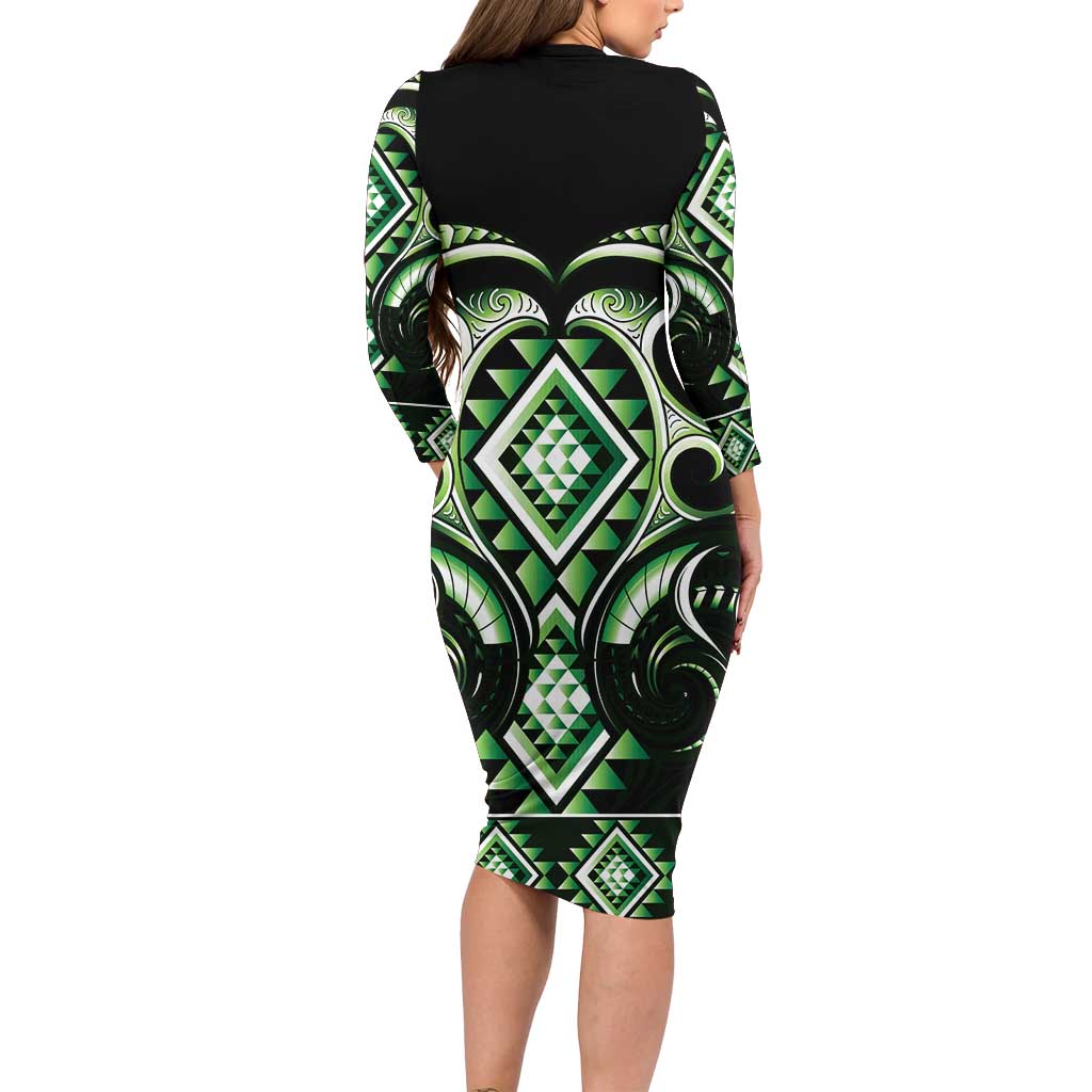 Green Ngaru Taniko With Aotearoa Maori Tattoo Family Matching Long Sleeve Bodycon Dress and Hawaiian Shirt LT14 - Polynesian Pride