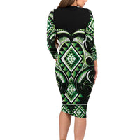 Green Ngaru Taniko With Aotearoa Maori Tattoo Family Matching Long Sleeve Bodycon Dress and Hawaiian Shirt LT14 - Polynesian Pride