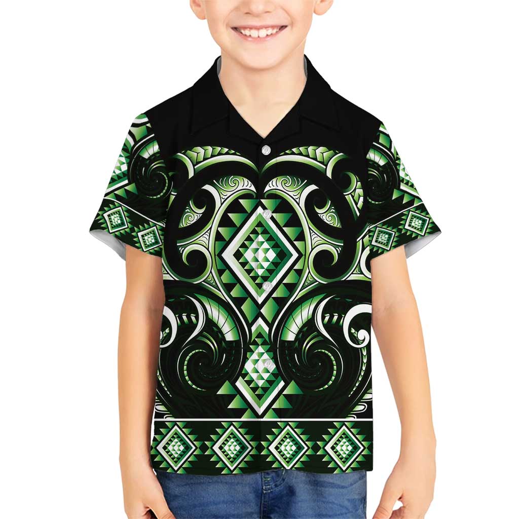 Green Ngaru Taniko With Aotearoa Maori Tattoo Family Matching Long Sleeve Bodycon Dress and Hawaiian Shirt LT14 Son's Shirt Green - Polynesian Pride