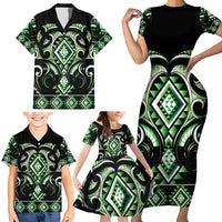 Green Ngaru Taniko With Aotearoa Maori Tattoo Family Matching Short Sleeve Bodycon Dress and Hawaiian Shirt LT14 - Polynesian Pride