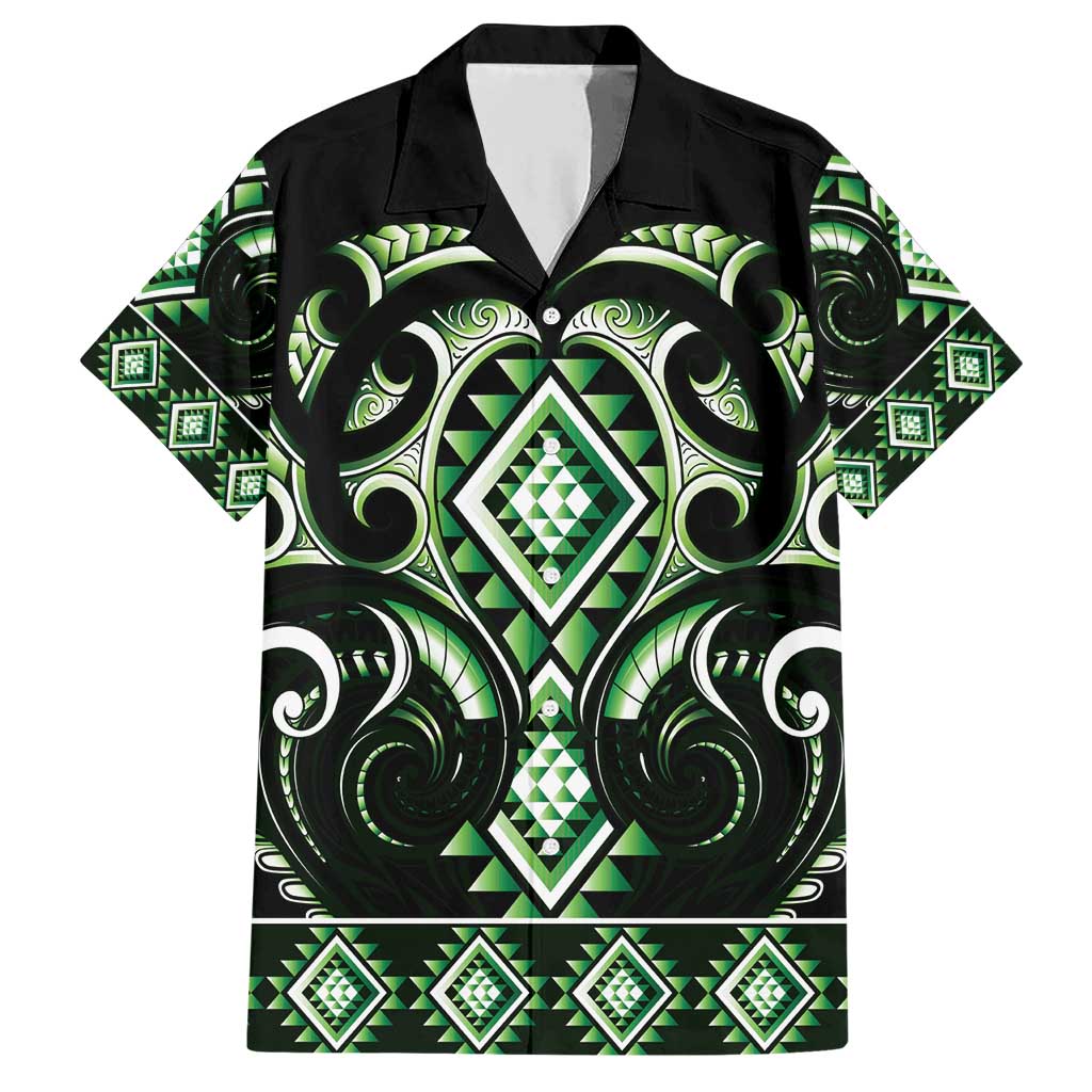 Green Ngaru Taniko With Aotearoa Maori Tattoo Family Matching Short Sleeve Bodycon Dress and Hawaiian Shirt LT14 Dad's Shirt - Short Sleeve Green - Polynesian Pride