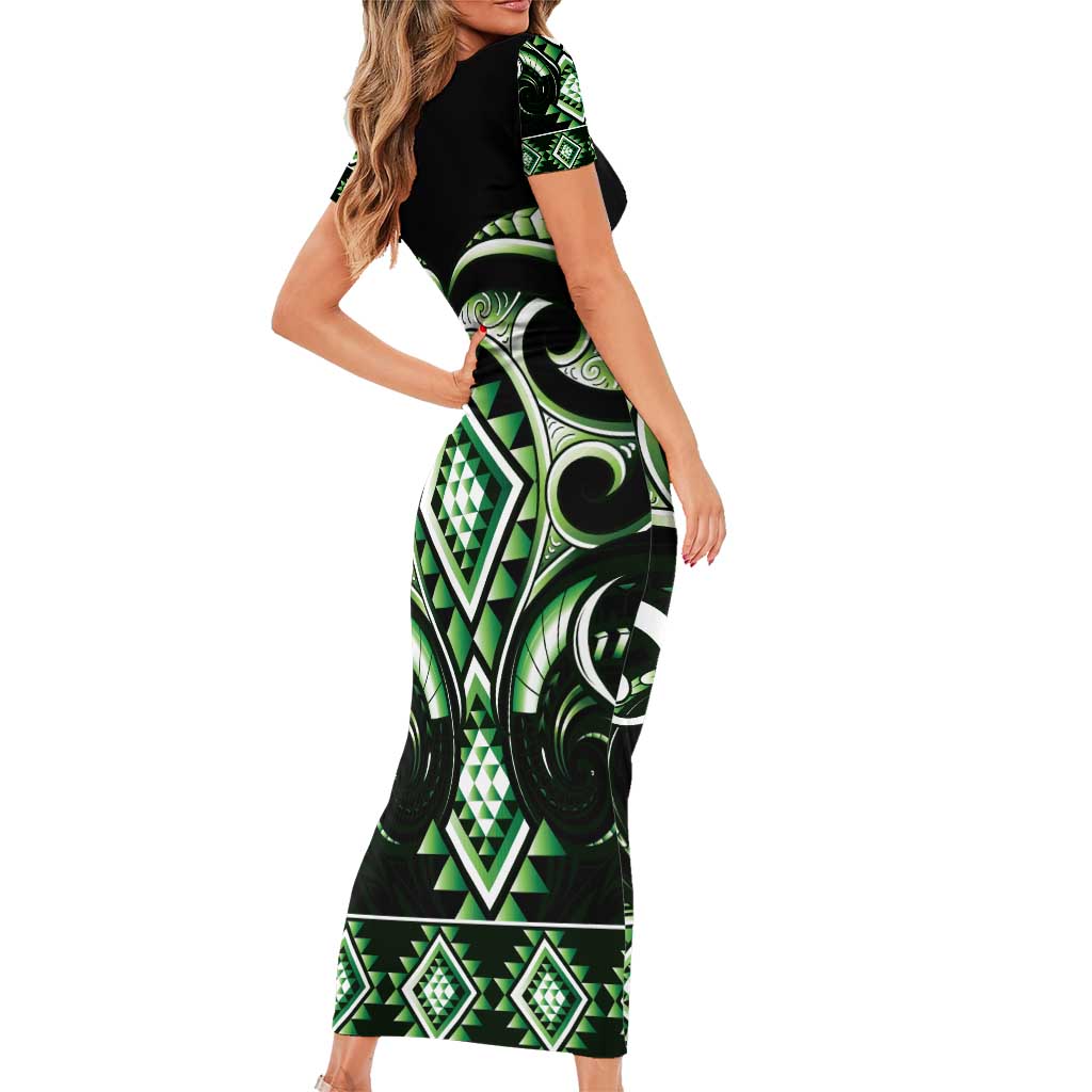 Green Ngaru Taniko With Aotearoa Maori Tattoo Family Matching Short Sleeve Bodycon Dress and Hawaiian Shirt LT14 - Polynesian Pride