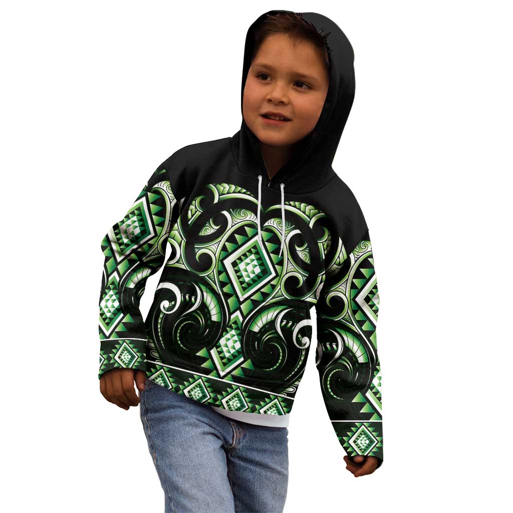 Green Ngaru Taniko With Aotearoa Maori Tattoo Kid Hoodie