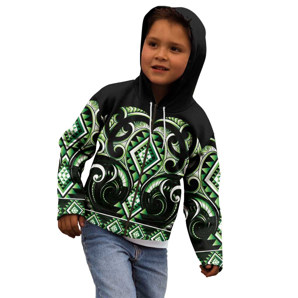 Green Ngaru Taniko With Aotearoa Maori Tattoo Kid Hoodie