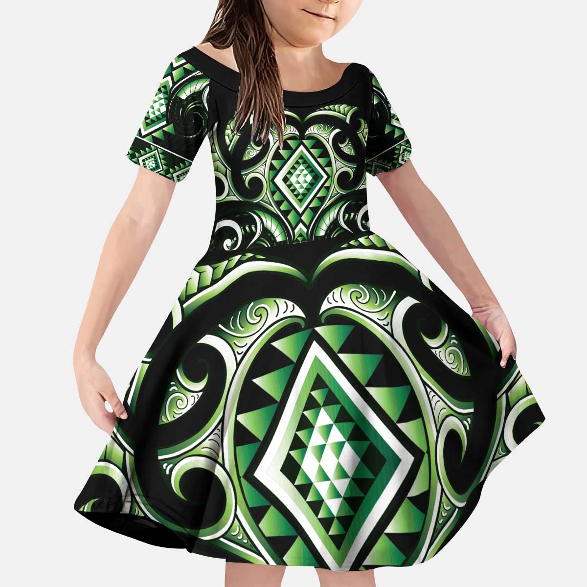 Green Ngaru Taniko With Aotearoa Maori Tattoo Kid Short Sleeve Dress