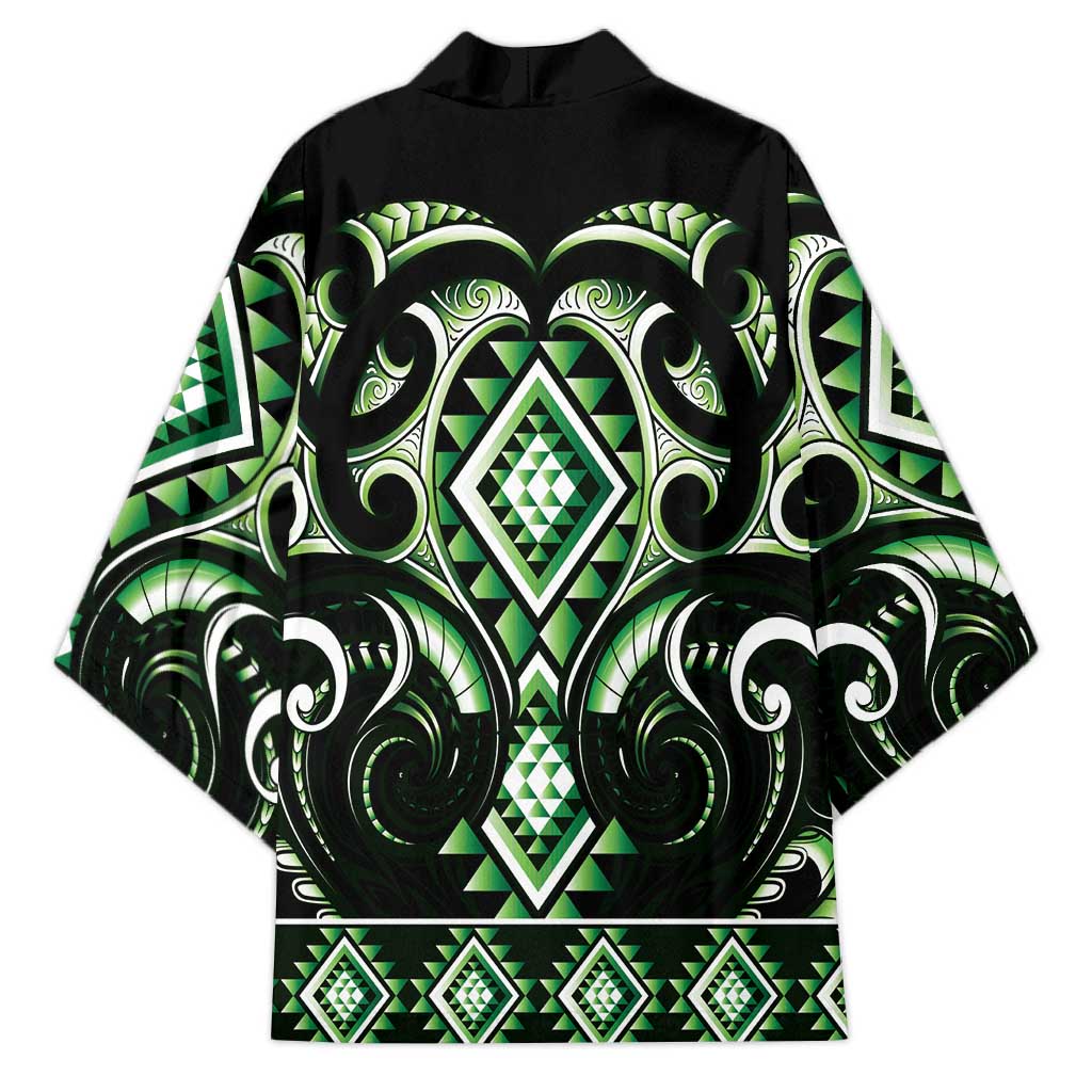 Green Ngaru Taniko With Aotearoa Maori Tattoo Kimono - Polynesian Pride