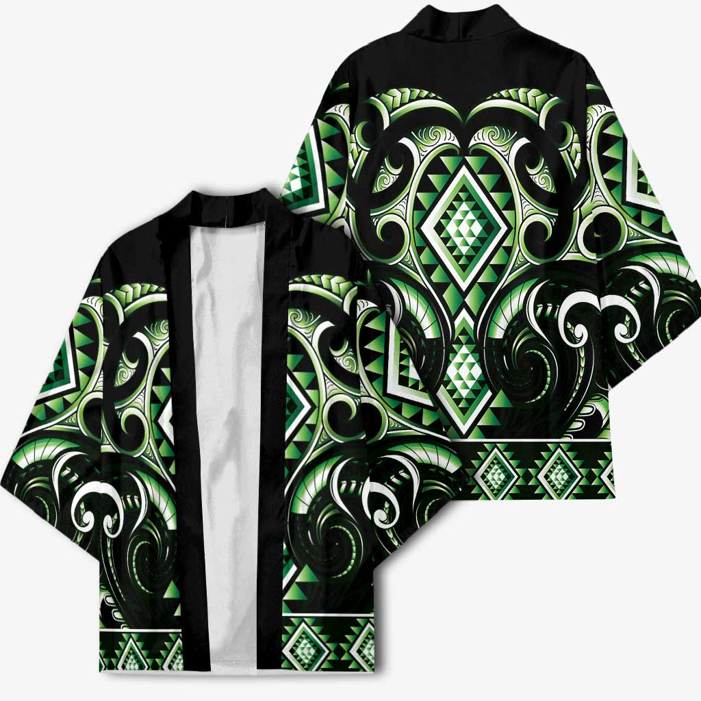 Green Ngaru Taniko With Aotearoa Maori Tattoo Kimono - Polynesian Pride