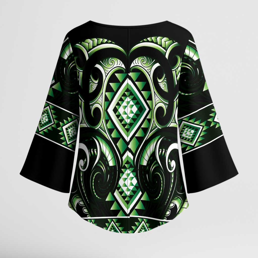 Green Ngaru Taniko With Aotearoa Maori Tattoo Kimono Sleeve Blouse - Polynesian Pride