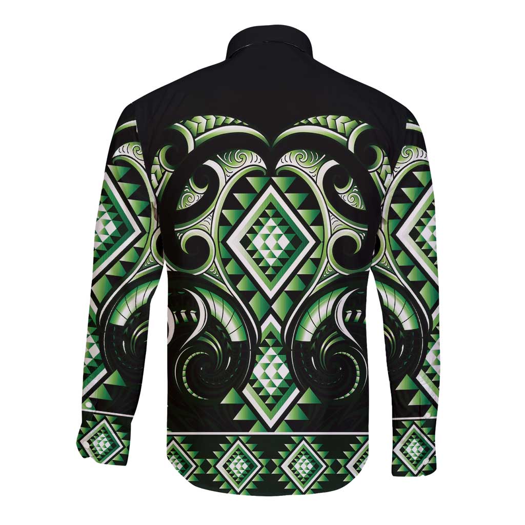 Green Ngaru Taniko With Aotearoa Maori Tattoo Long Sleeve Button Shirt LT14 - Polynesian Pride