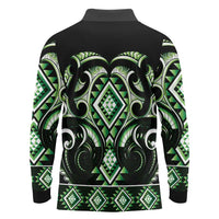 Green Ngaru Taniko With Aotearoa Maori Tattoo Long Sleeve Polo Shirt
