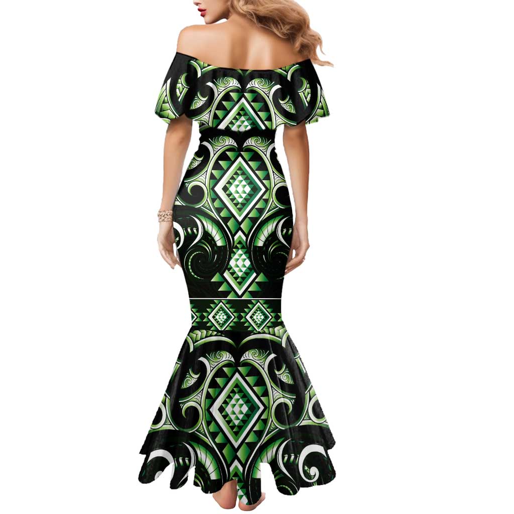 Green Ngaru Taniko With Aotearoa Maori Tattoo Mermaid Dress LT14 - Polynesian Pride