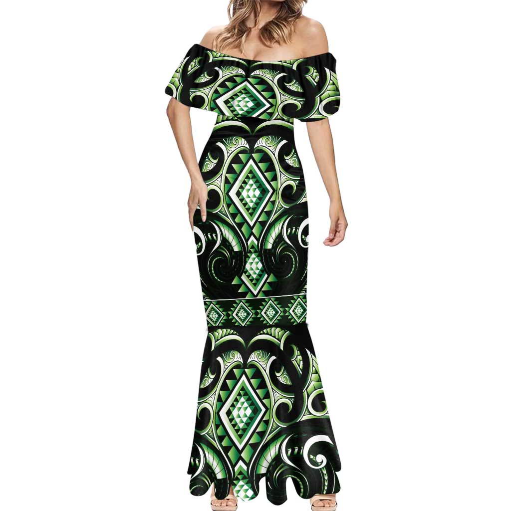 Green Ngaru Taniko With Aotearoa Maori Tattoo Mermaid Dress LT14 - Polynesian Pride