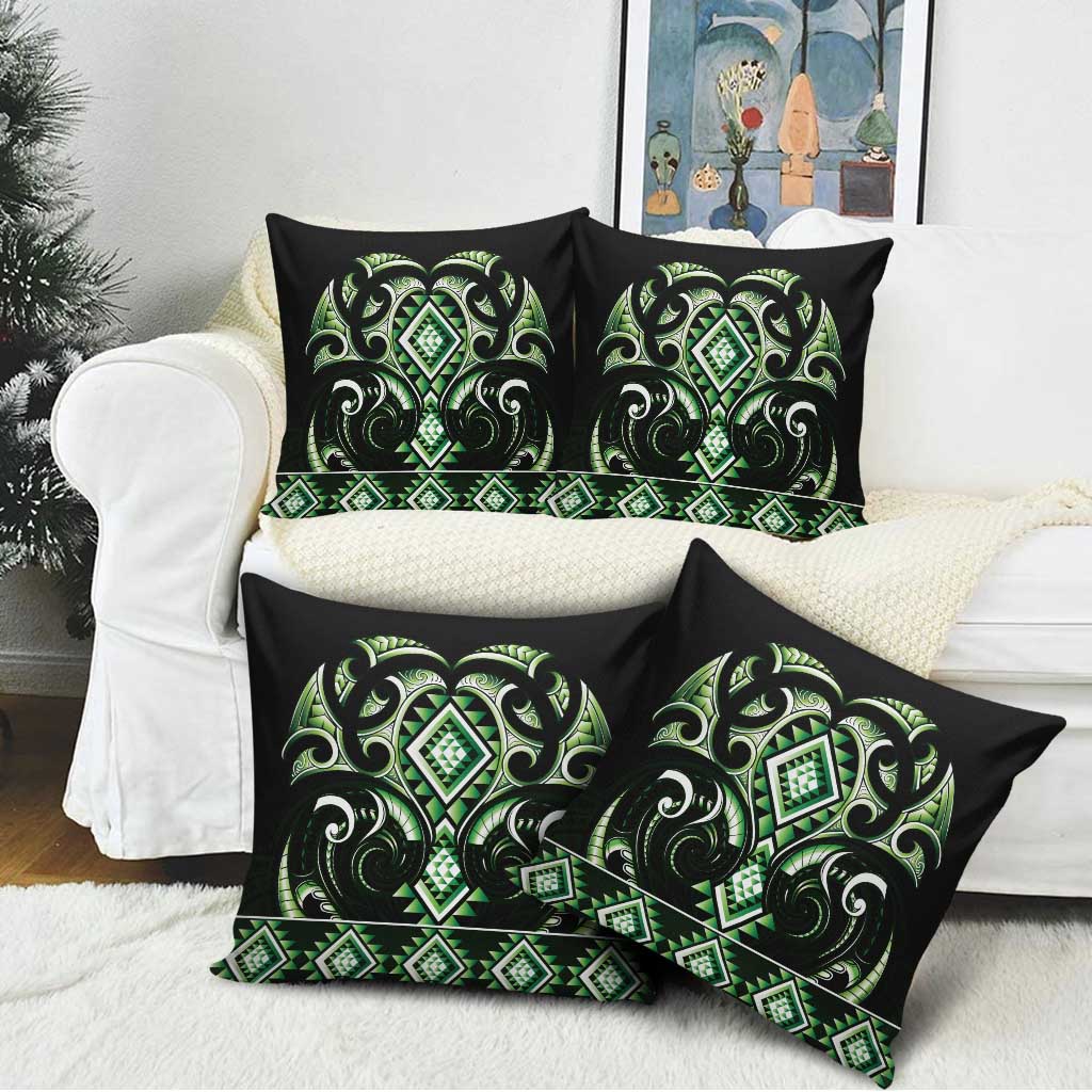 Green Ngaru Taniko With Aotearoa Maori Tattoo Pillow Cover - Polynesian Pride