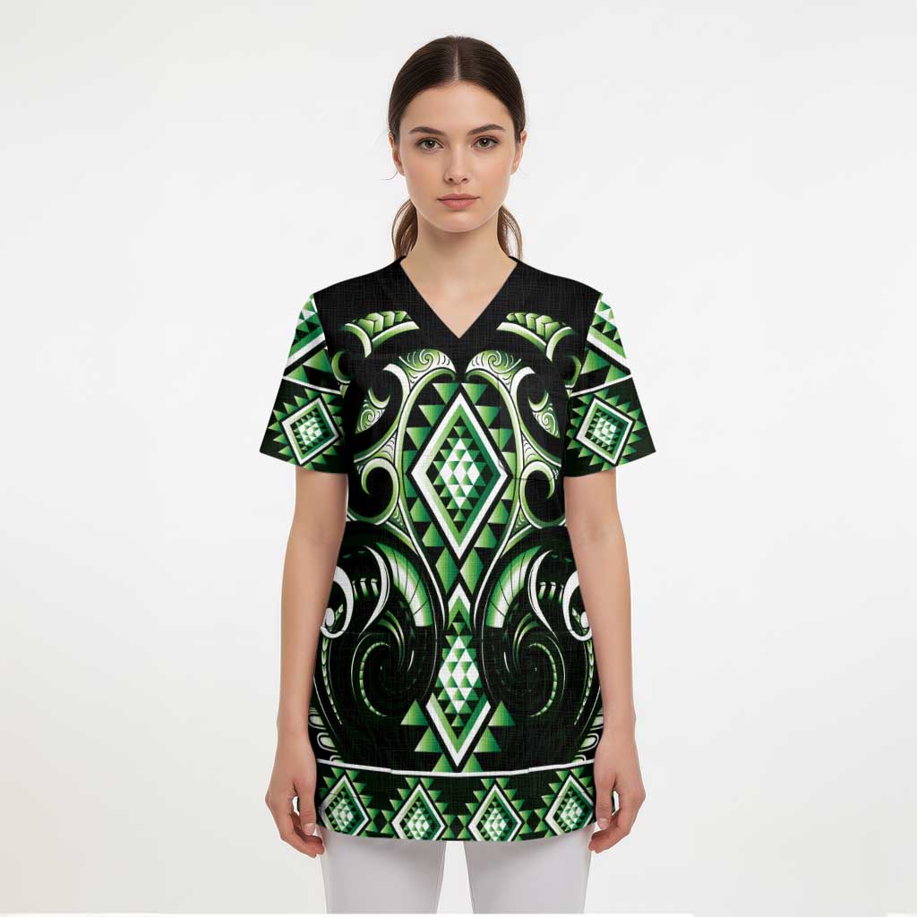 Green Ngaru Taniko With Aotearoa Maori Tattoo Scrub Top - Polynesian Pride