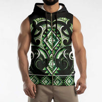 Green Ngaru Taniko With Aotearoa Maori Tattoo Sleeveless Zip Hoodie - Polynesian Pride