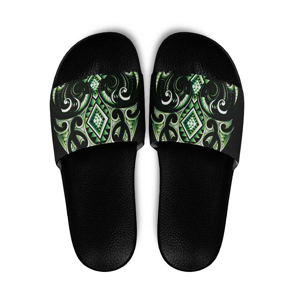 Green Ngaru Taniko With Aotearoa Maori Tattoo Slide Sandals - Polynesian Pride