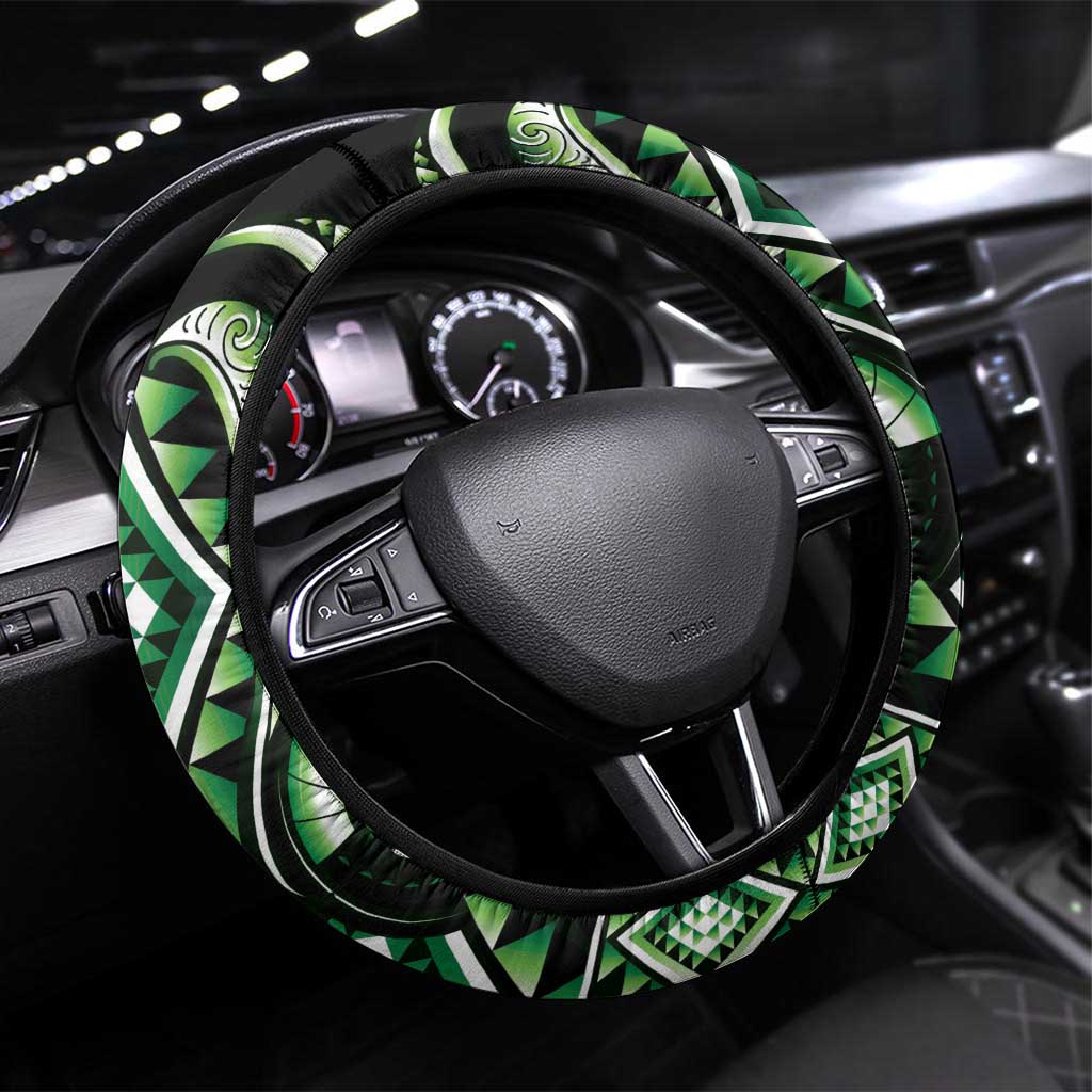 Green Ngaru Taniko With Aotearoa Maori Tattoo Steering Wheel Cover