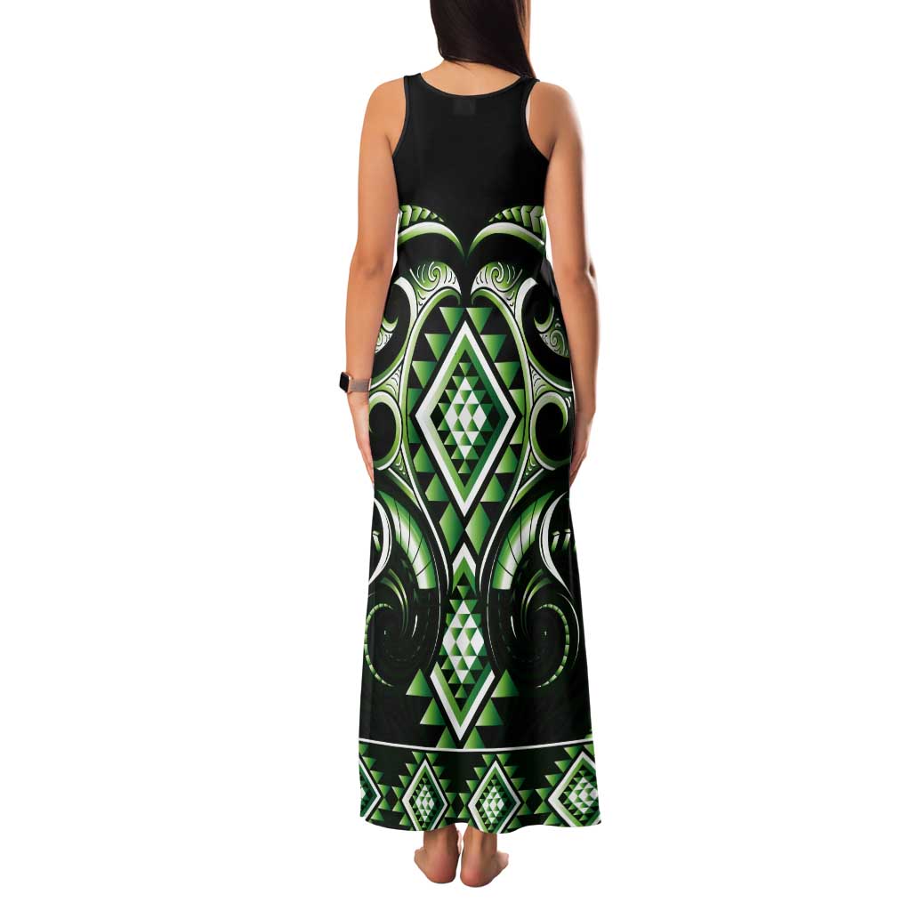 Green Ngaru Taniko With Aotearoa Maori Tattoo Tank Maxi Dress