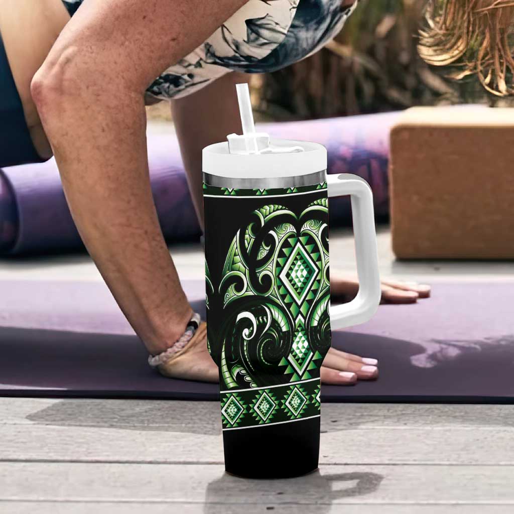 Green Ngaru Taniko With Aotearoa Maori Tattoo Tumbler With Handle