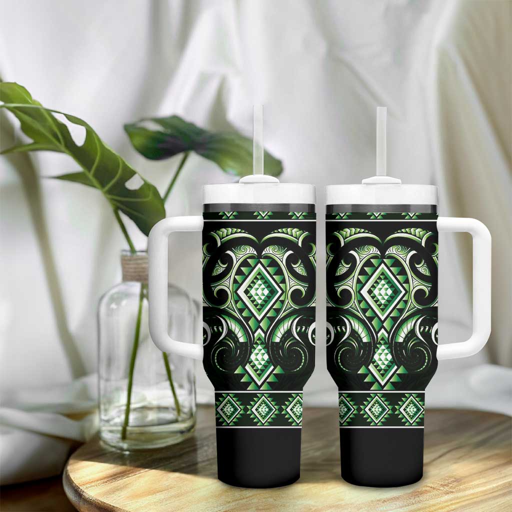 Green Ngaru Taniko With Aotearoa Maori Tattoo Tumbler With Handle