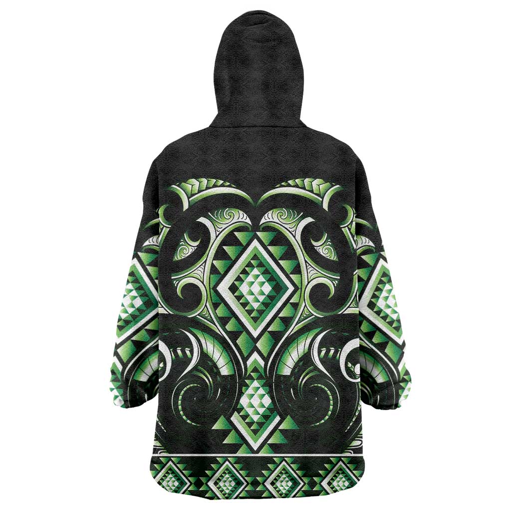 Green Ngaru Taniko With Aotearoa Maori Tattoo Wearable Blanket Hoodie