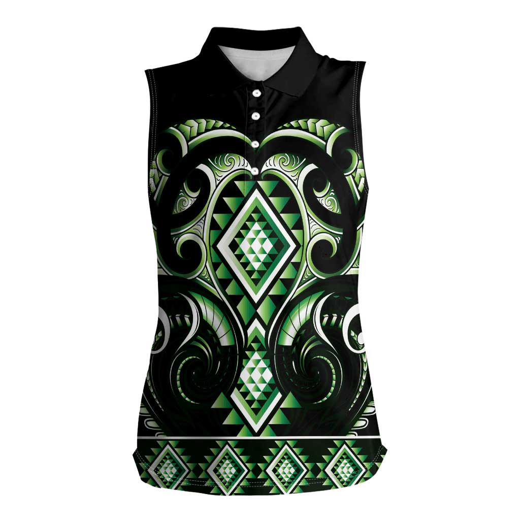 Green Ngaru Taniko With Aotearoa Maori Tattoo Women Sleeveless Polo Shirt