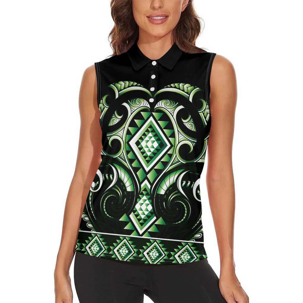 Green Ngaru Taniko With Aotearoa Maori Tattoo Women Sleeveless Polo Shirt