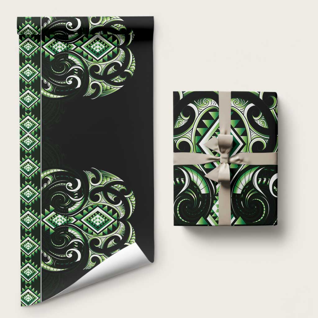Green Ngaru Taniko With Aotearoa Maori Tattoo Wrapping Paper - Polynesian Pride