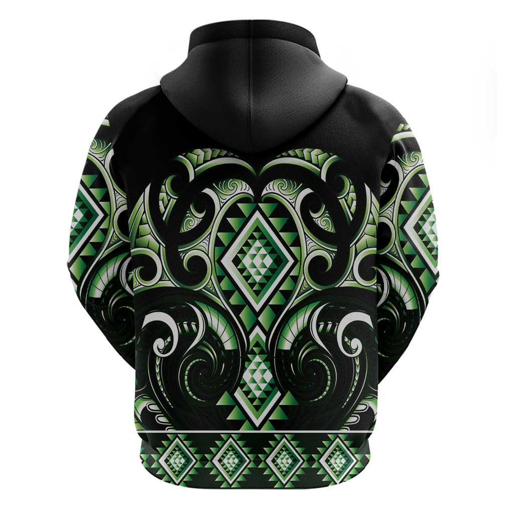 Green Ngaru Taniko With Aotearoa Maori Tattoo Zip Hoodie LT14 - Polynesian Pride