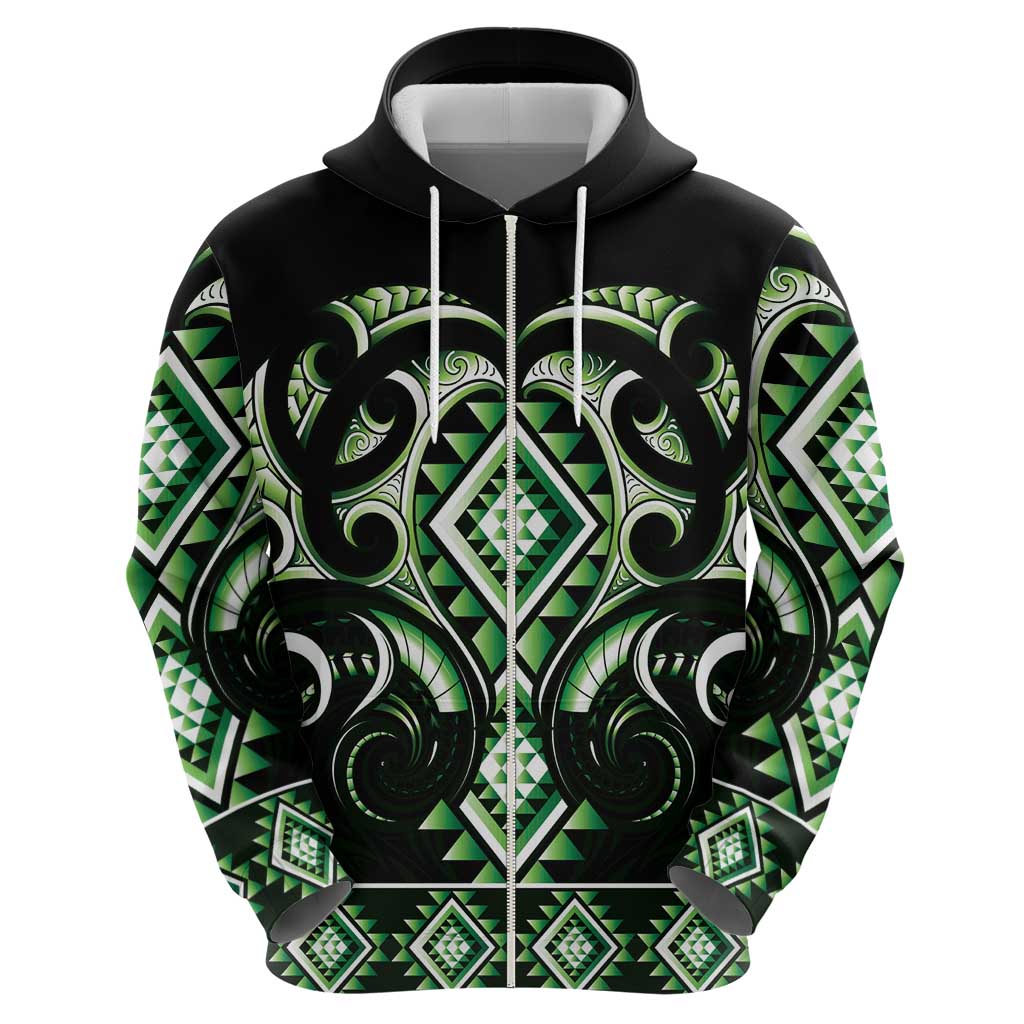 Green Ngaru Taniko With Aotearoa Maori Tattoo Zip Hoodie LT14 - Polynesian Pride
