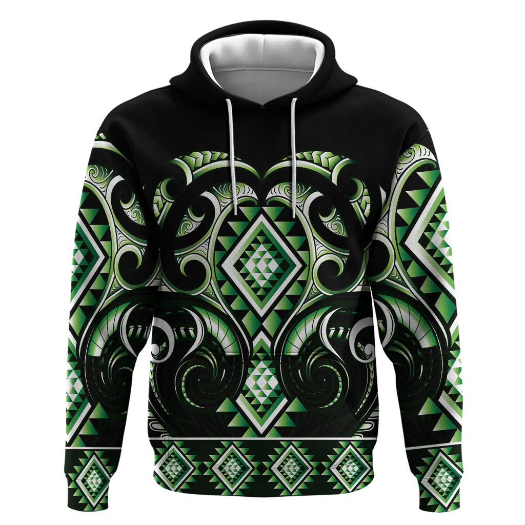 Green Ngaru Taniko With Aotearoa Maori Tattoo Zip Hoodie LT14 Pullover Hoodie Green - Polynesian Pride