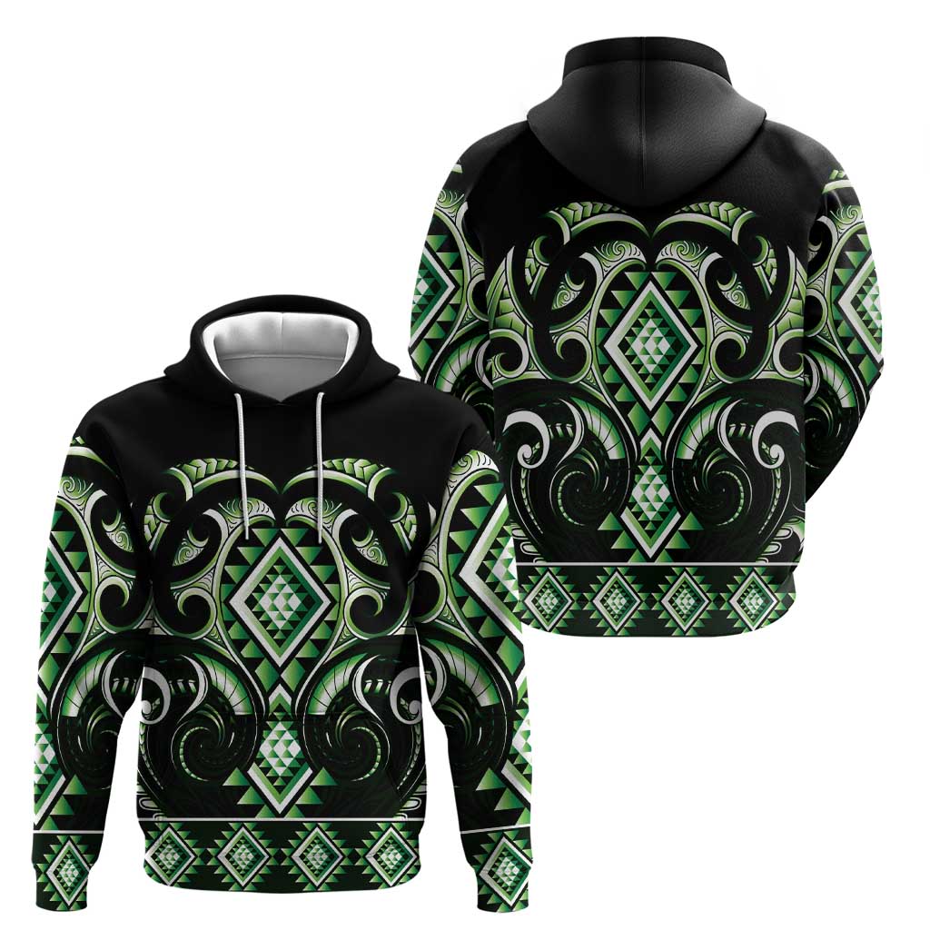 Green Ngaru Taniko With Aotearoa Maori Tattoo Zip Hoodie LT14 - Polynesian Pride