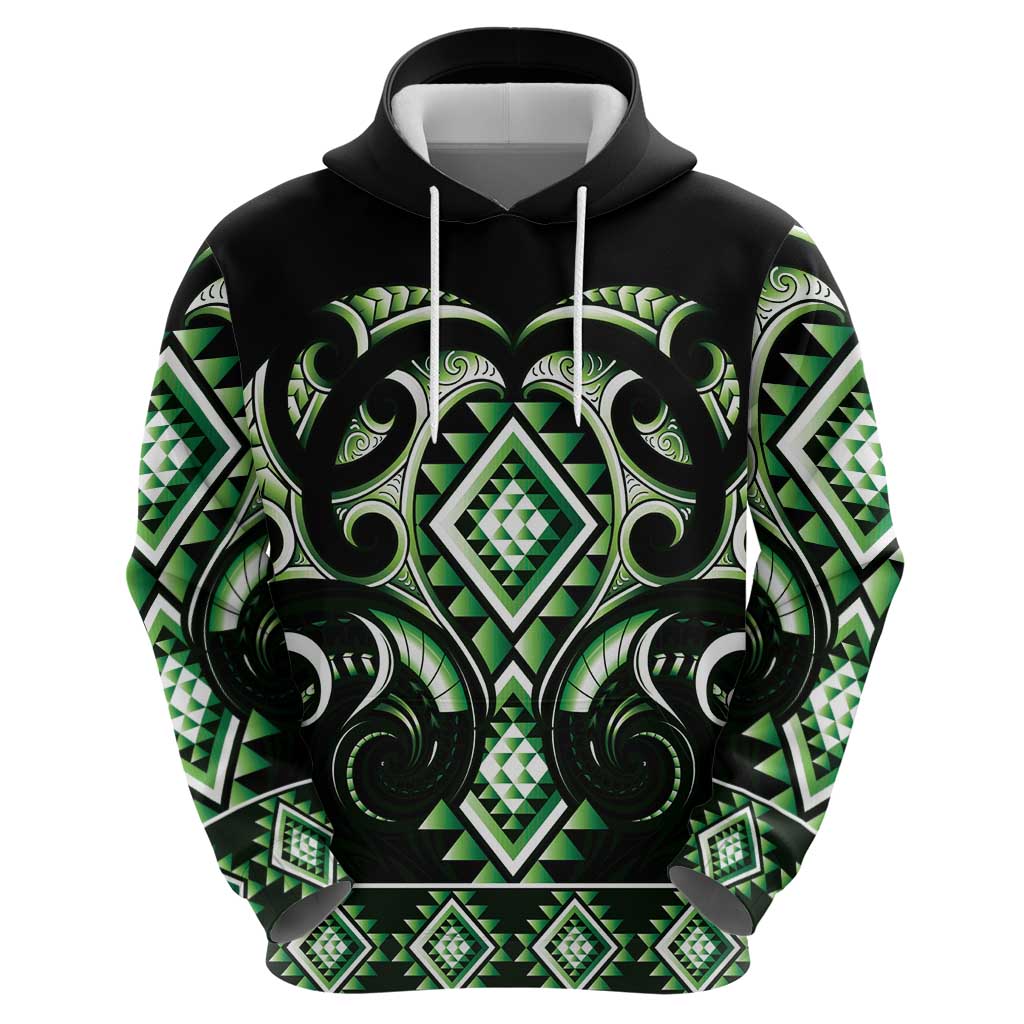 Green Ngaru Taniko With Aotearoa Maori Tattoo Zip Hoodie LT14 - Polynesian Pride