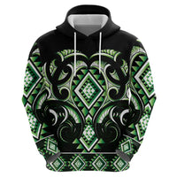 Green Ngaru Taniko With Aotearoa Maori Tattoo Zip Hoodie LT14 - Polynesian Pride