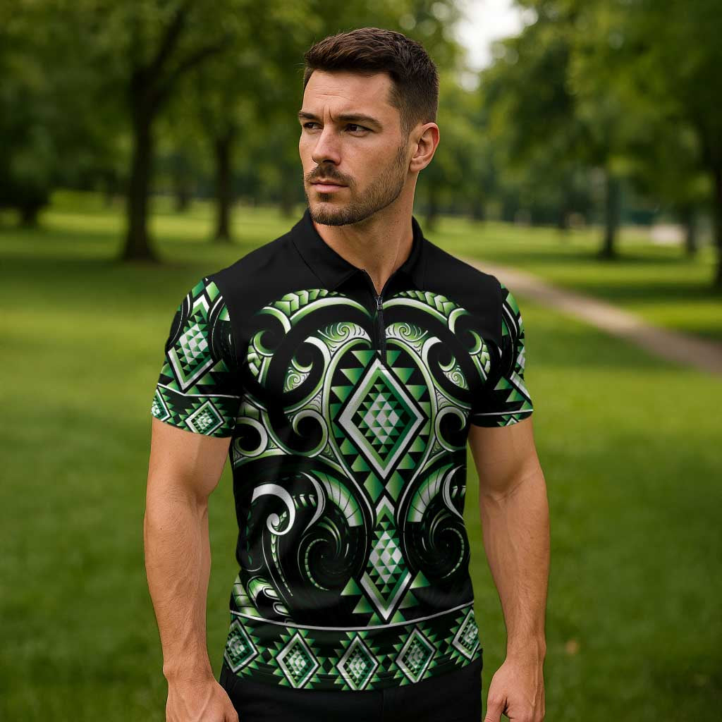 Green Ngaru Taniko With Aotearoa Maori Tattoo Zipper Polo Shirt - Polynesian Pride