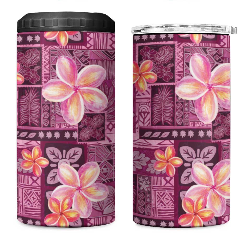 Pink Hawaii Plumeria With Tropical Flowers Motifs 4 in 1 Can Cooler Tumbler
