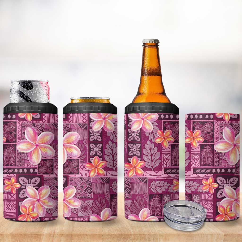 Pink Hawaii Plumeria With Tropical Flowers Motifs 4 in 1 Can Cooler Tumbler