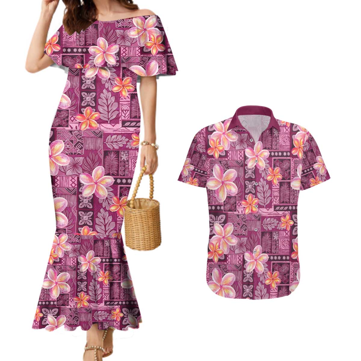 Pink Hawaii Plumeria With Tropical Flowers Motifs Couples Matching Mermaid Dress and Hawaiian Shirt LT14 Pink - Polynesian Pride